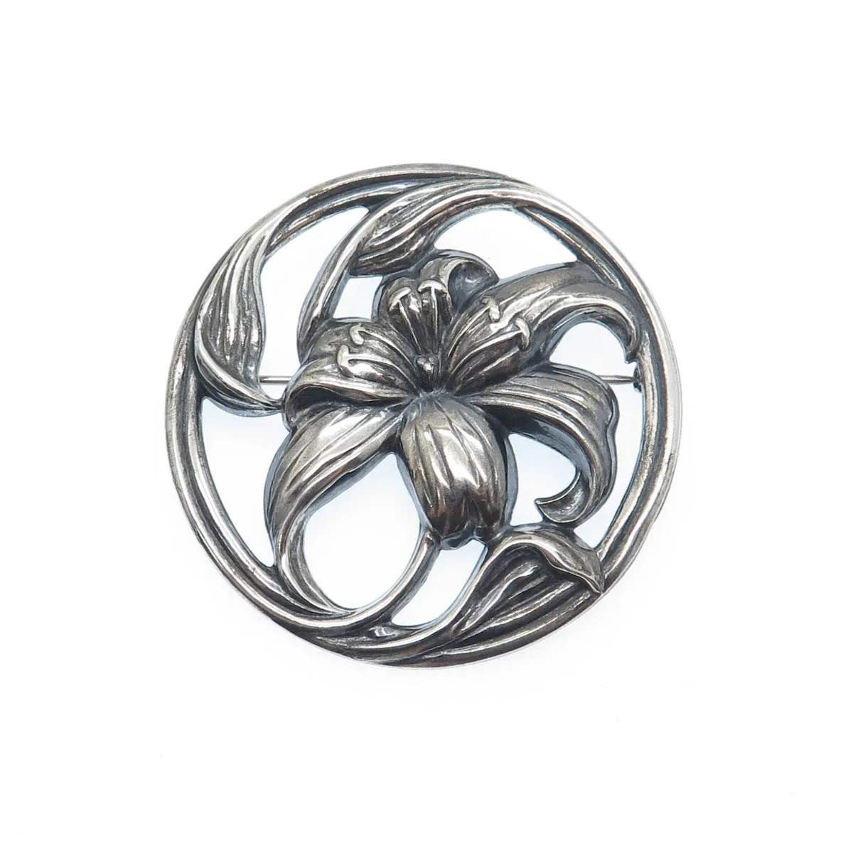925 Sterling Silver Vintage Lily Floral Oxidized Pin Brooch PAT. 121374