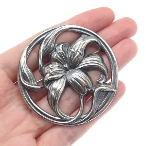 925 Sterling Silver Vintage Lily Floral Oxidized Pin Brooch PAT. 121374
