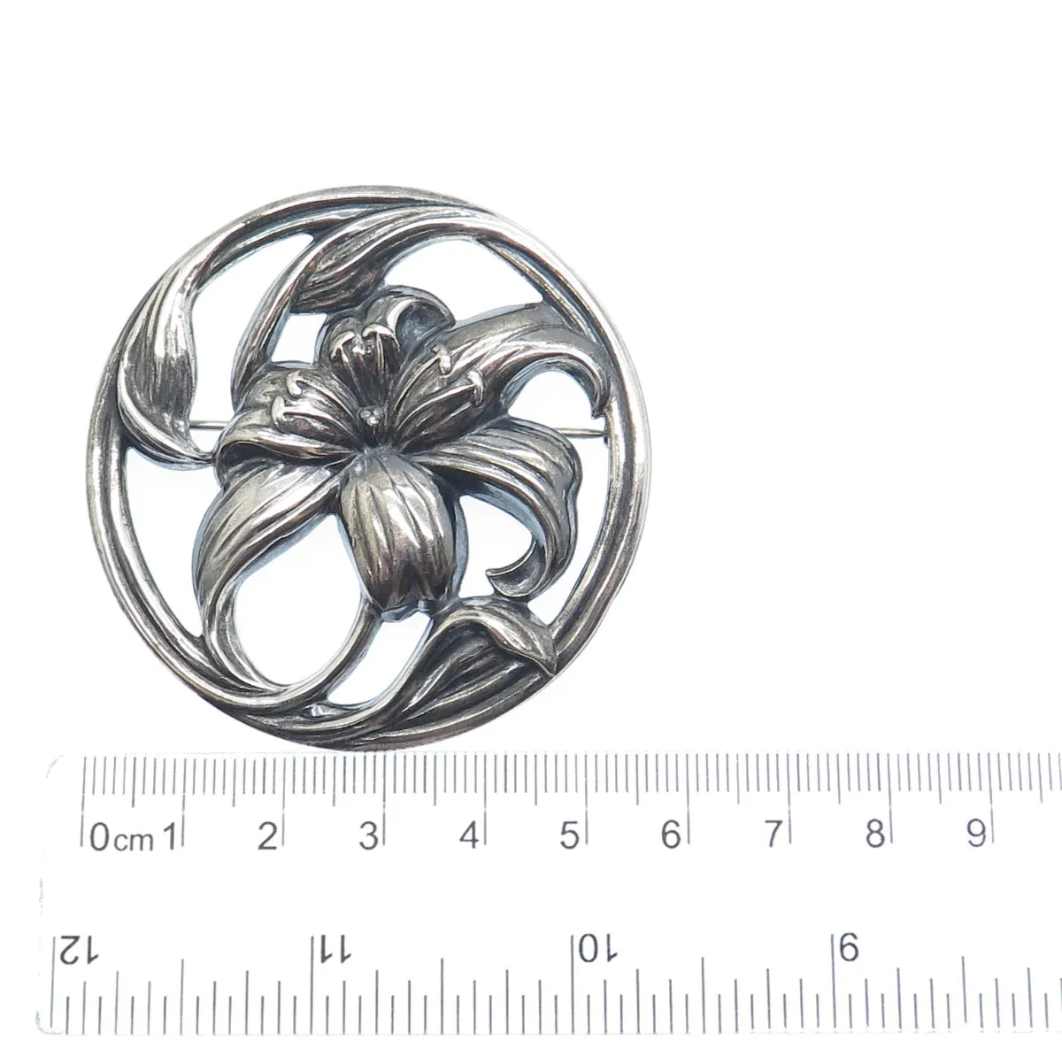 925 Sterling Silver Vintage Lily Floral Oxidized Pin Brooch PAT. 121374