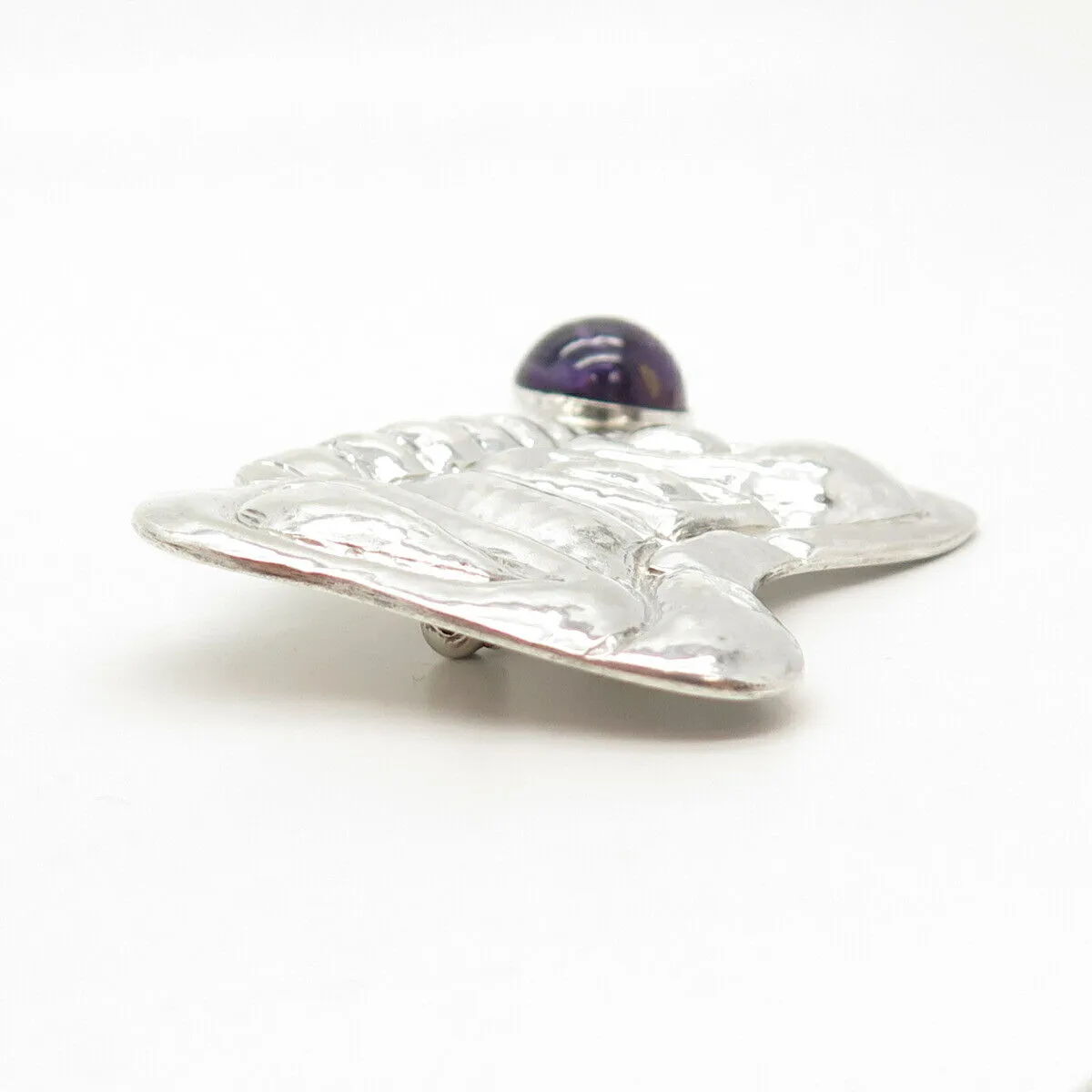 925 Sterling Silver Vintage Real Amethyst Gem Modernist Pin Brooch