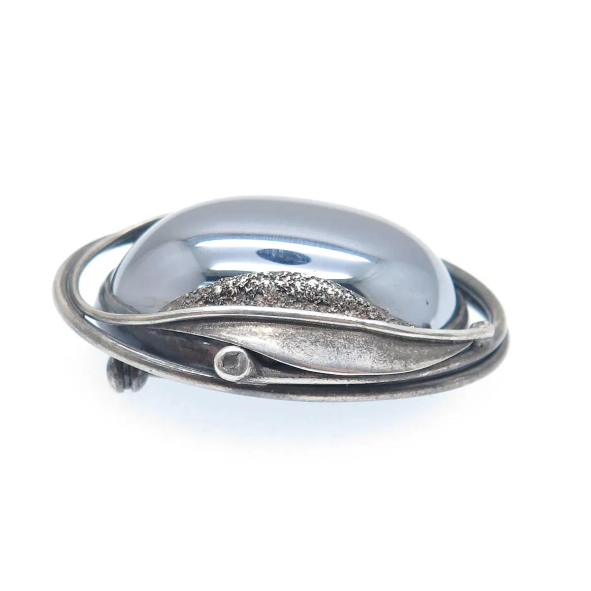 925 Sterling Silver Vintage Real Hematite Modernist Floral Leaf Pin Brooch