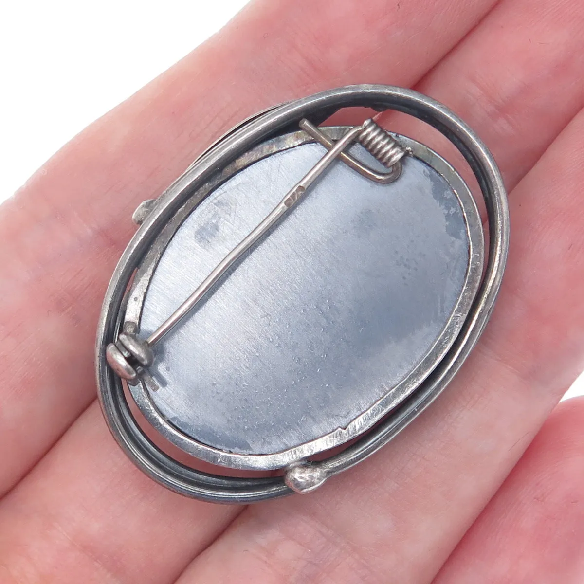 925 Sterling Silver Vintage Real Hematite Modernist Floral Leaf Pin Brooch