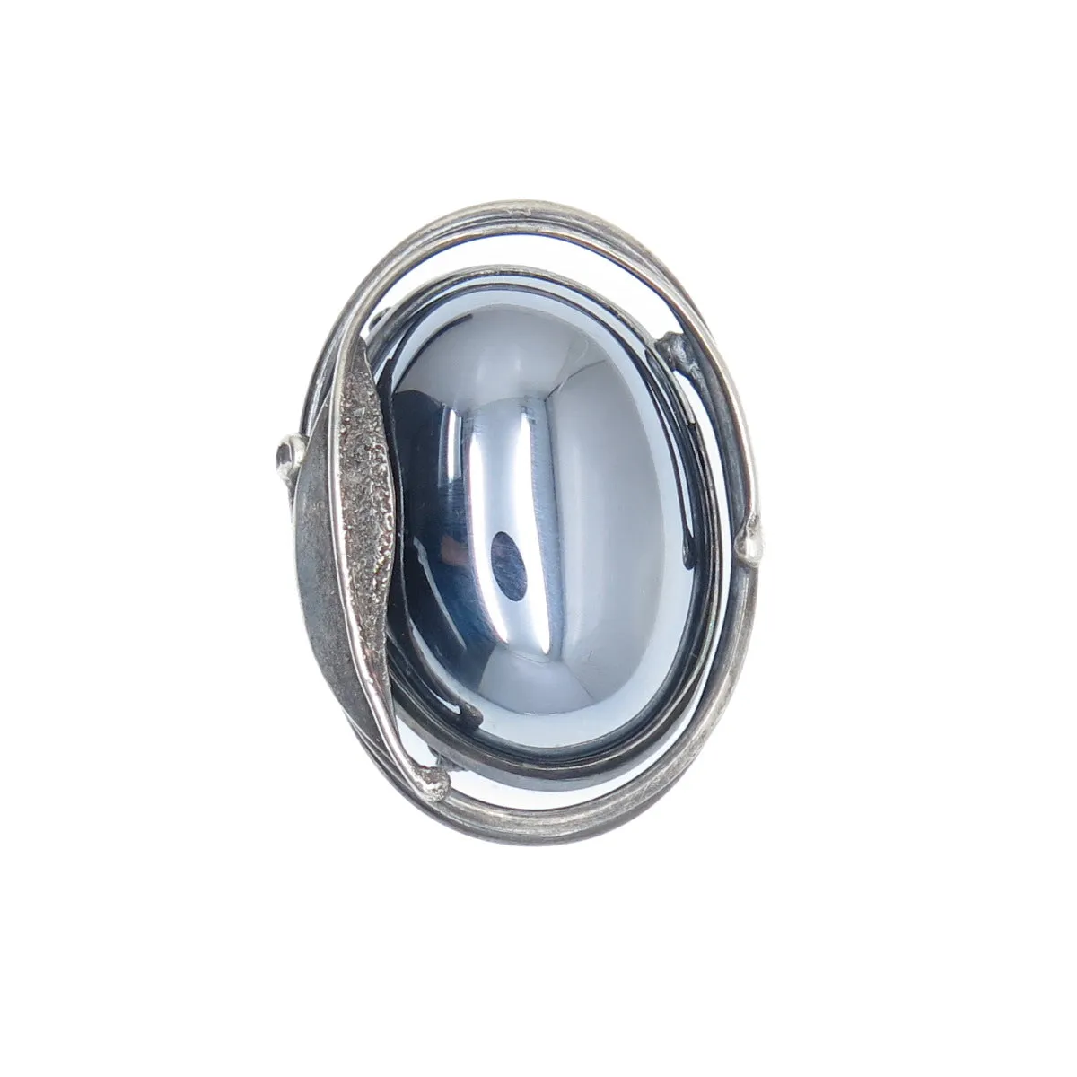 925 Sterling Silver Vintage Real Hematite Modernist Floral Leaf Pin Brooch