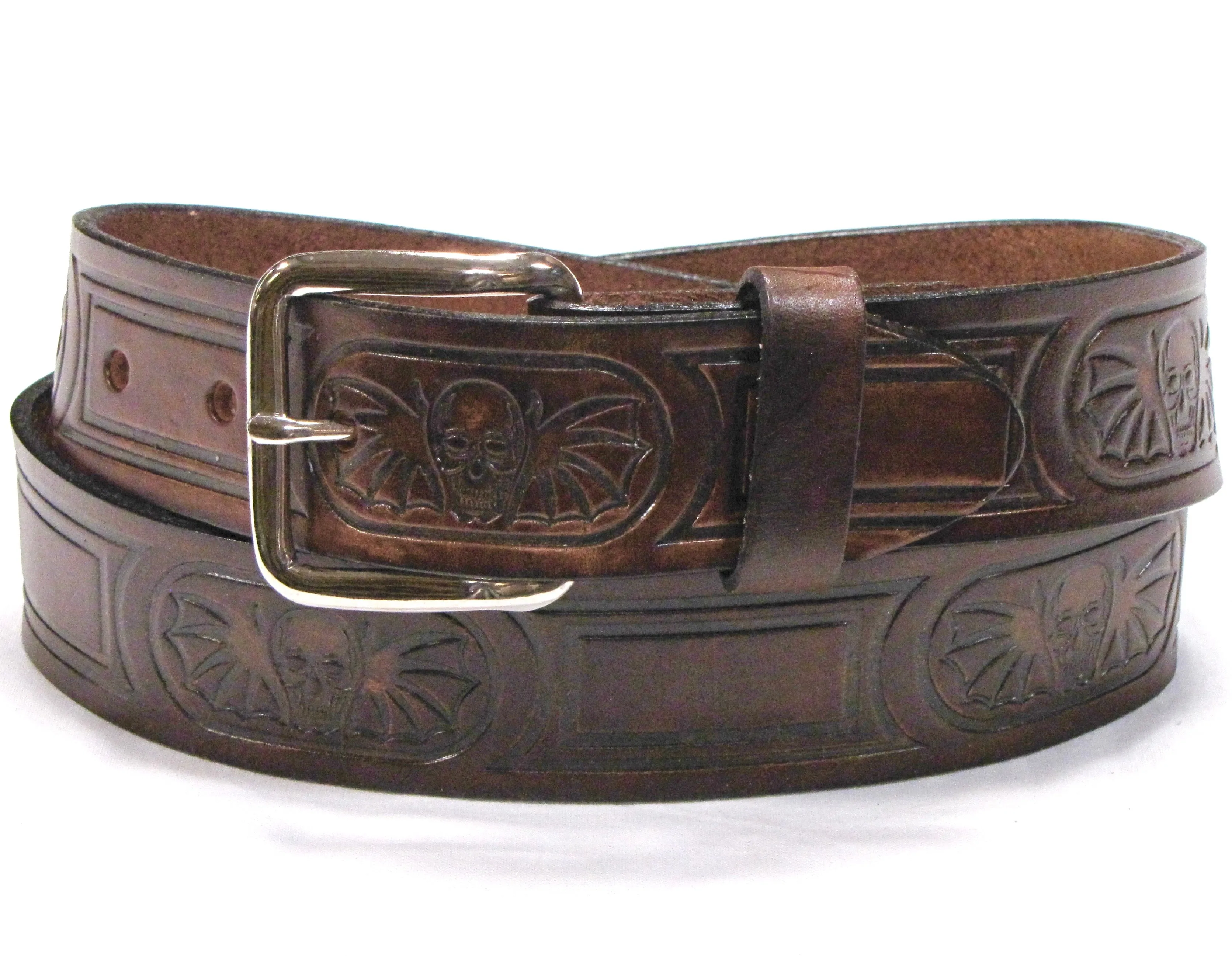 A113  1 1/2" Antique Finish Belt- Bat Skull