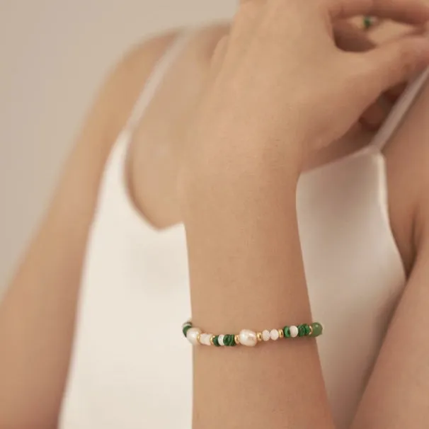 Alira Beaded Gemstone Gold Bracelet - Pink Rainbow, Green Rainbow