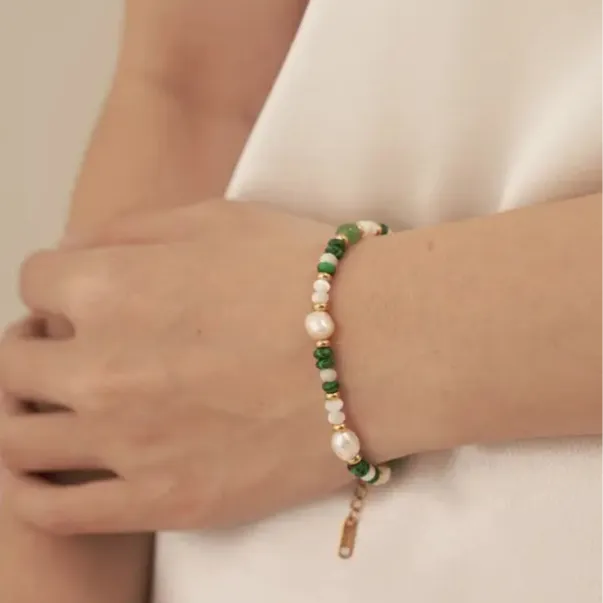 Alira Beaded Gemstone Gold Bracelet - Pink Rainbow, Green Rainbow