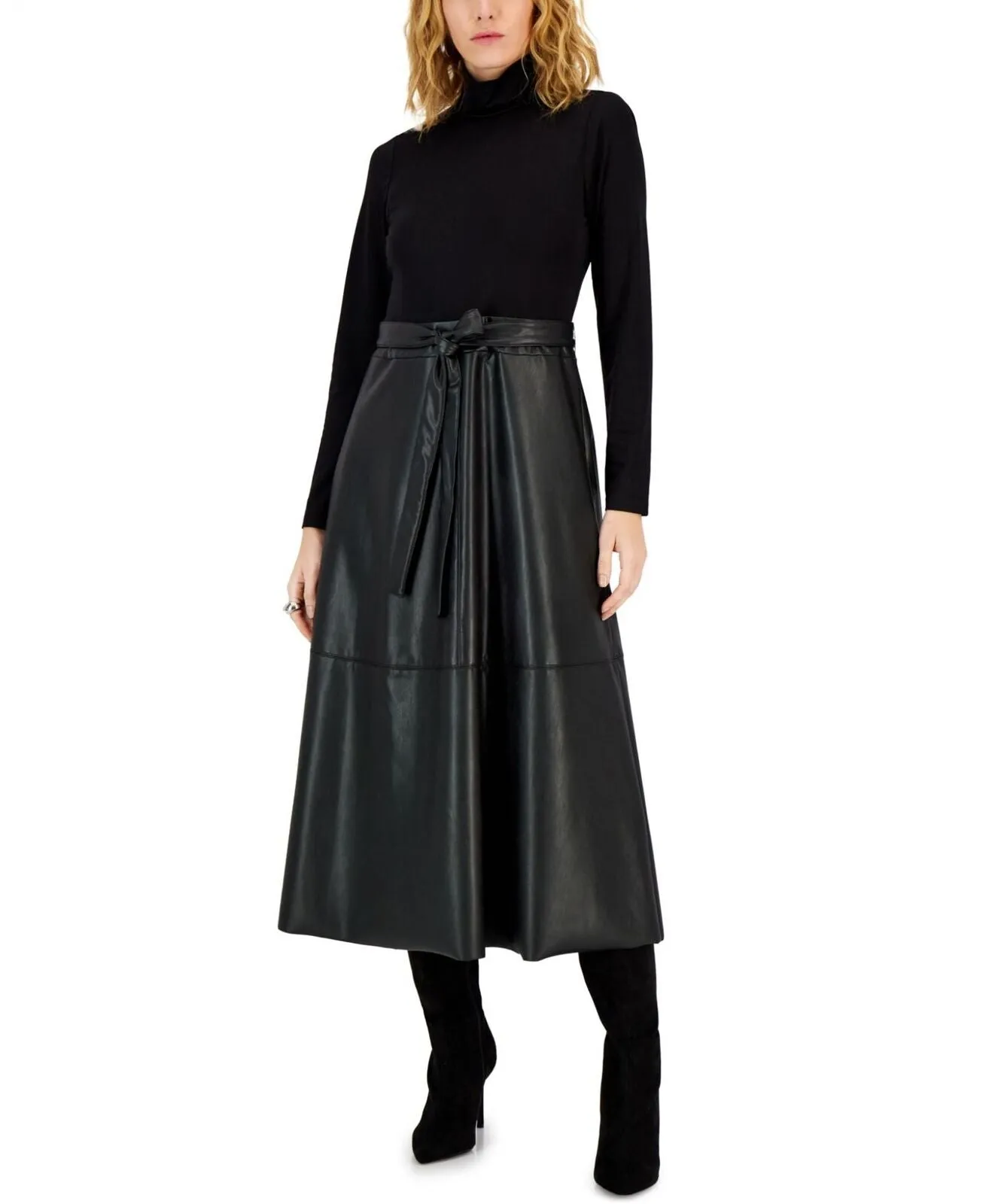 Anne Klein Womens Faux-Leather A-Line Midi Dress 10853433 Black 2