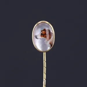 Antique Reverse Painted Crystal Dog Pin of 18k Gold