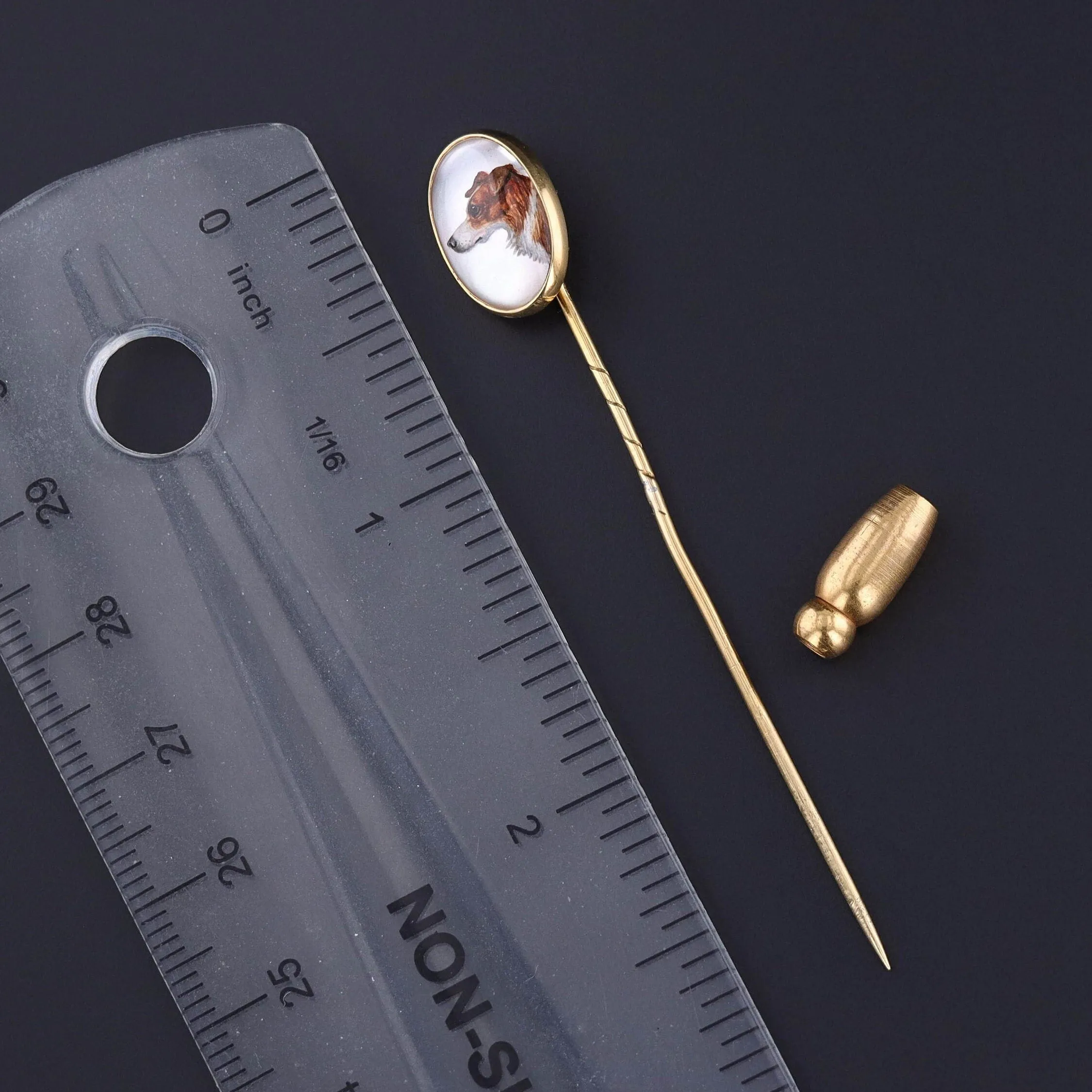 Antique Reverse Painted Crystal Dog Pin of 18k Gold