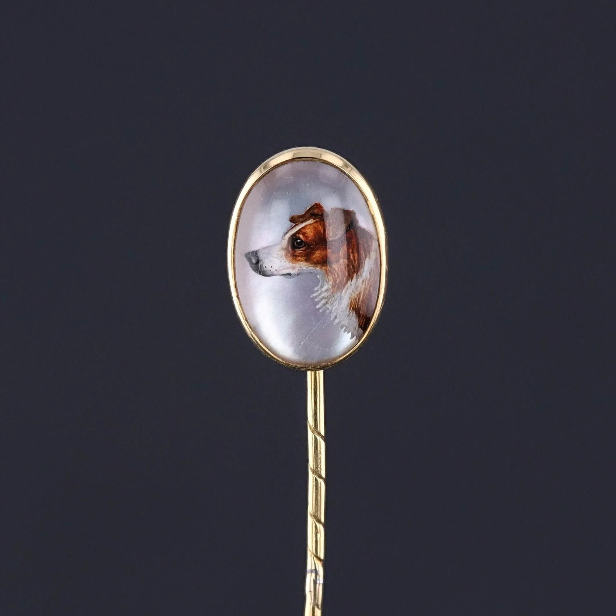 Antique Reverse Painted Crystal Dog Pin of 18k Gold