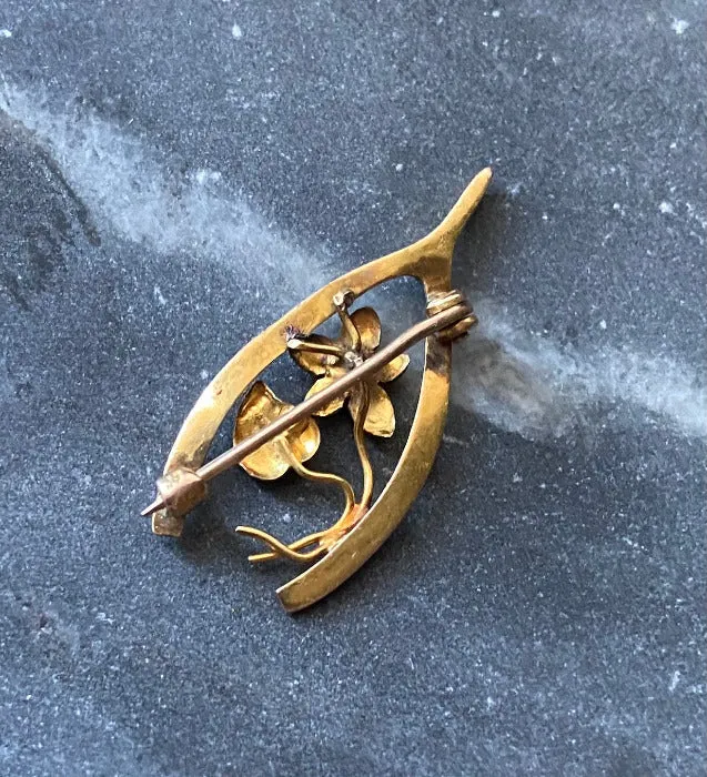 Antique victorian 10k gold floral wishbone brooch