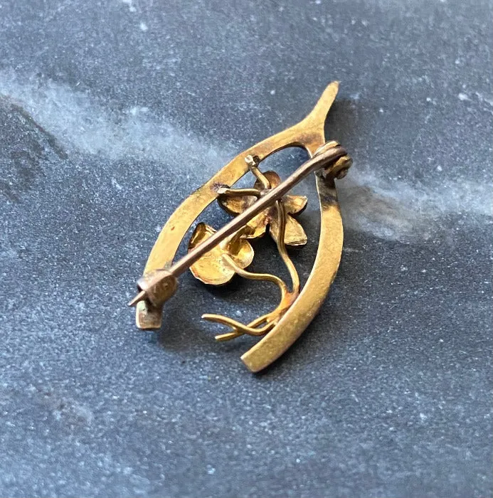 Antique victorian 10k gold floral wishbone brooch