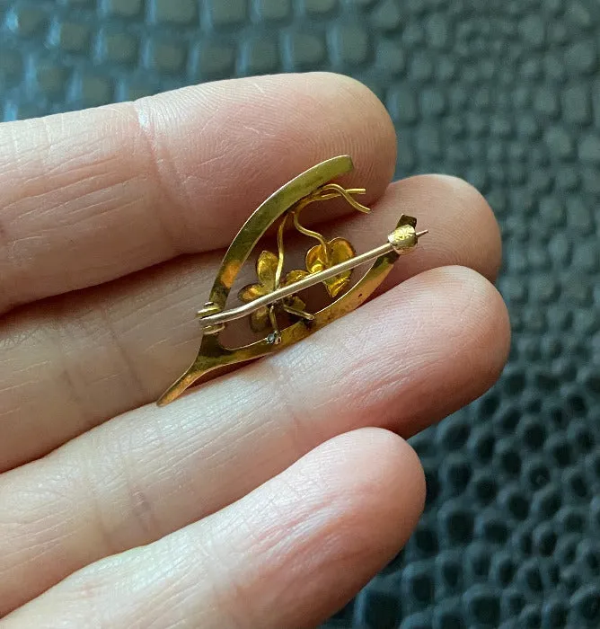 Antique victorian 10k gold floral wishbone brooch