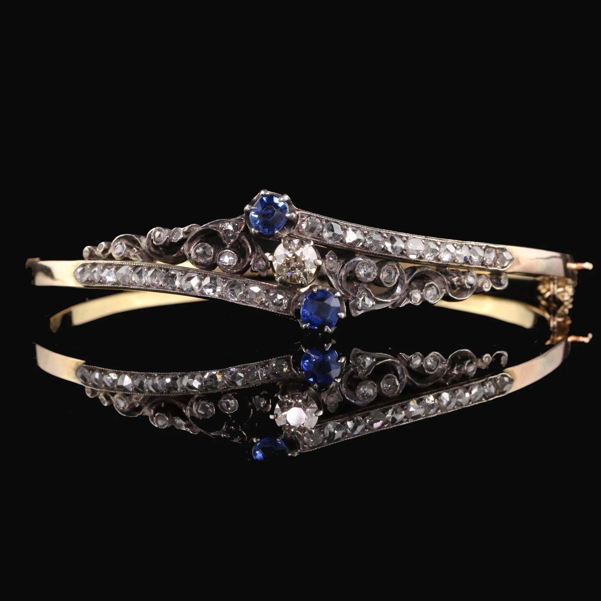 Antique Victorian 14K Yellow Gold Rose Cut Diamond and Sapphire Bangle Bracelet