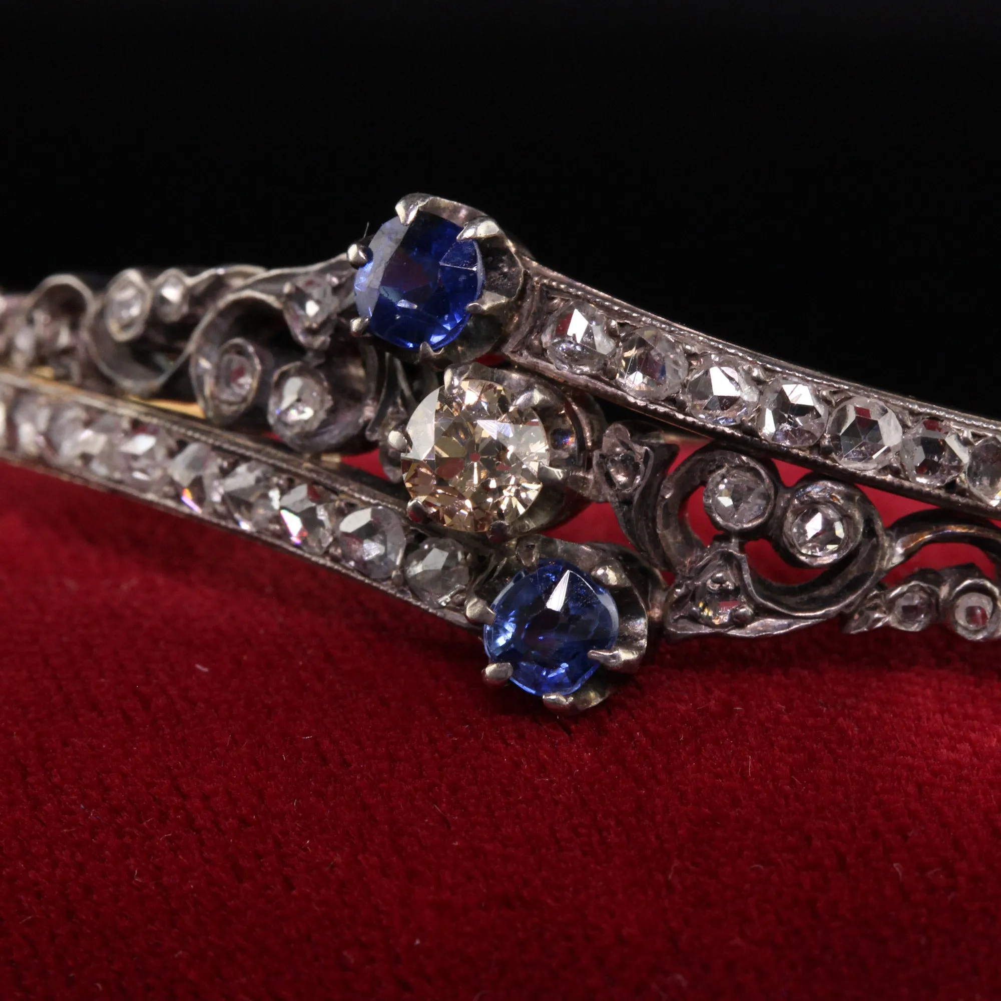 Antique Victorian 14K Yellow Gold Rose Cut Diamond and Sapphire Bangle Bracelet