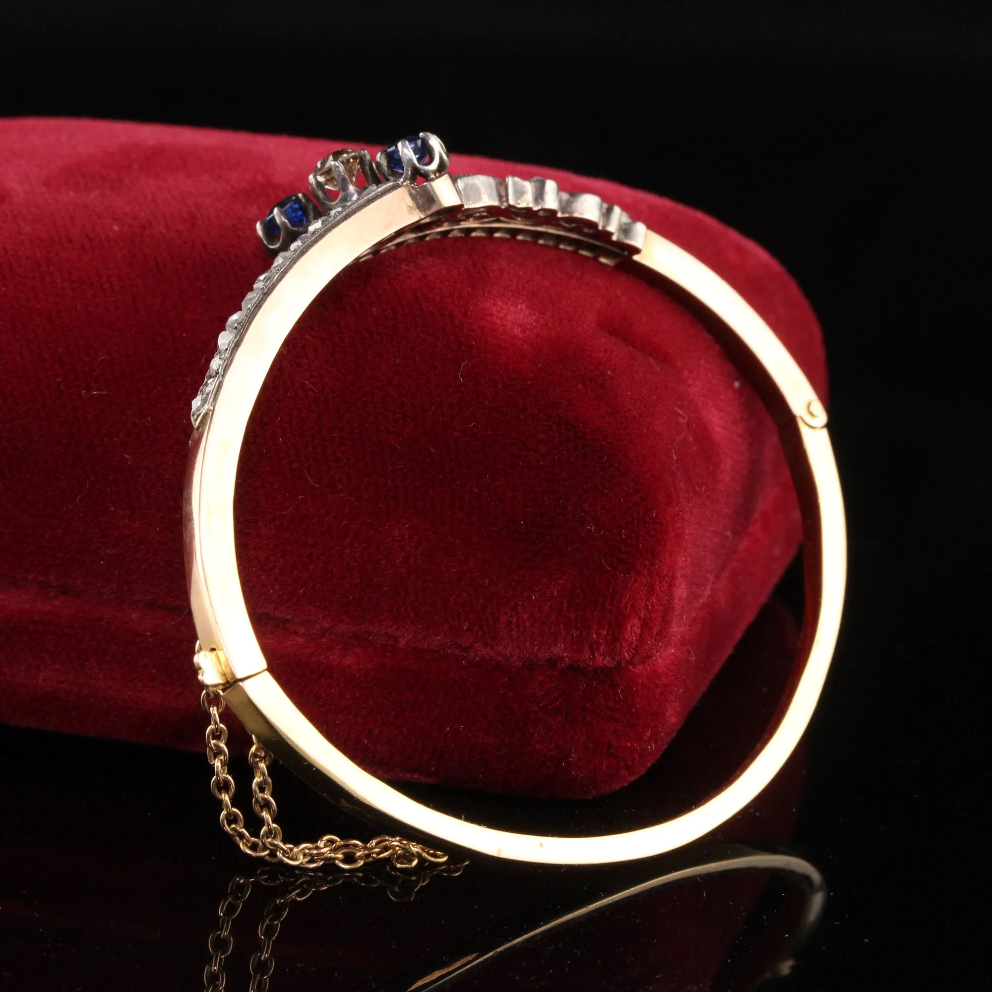 Antique Victorian 14K Yellow Gold Rose Cut Diamond and Sapphire Bangle Bracelet