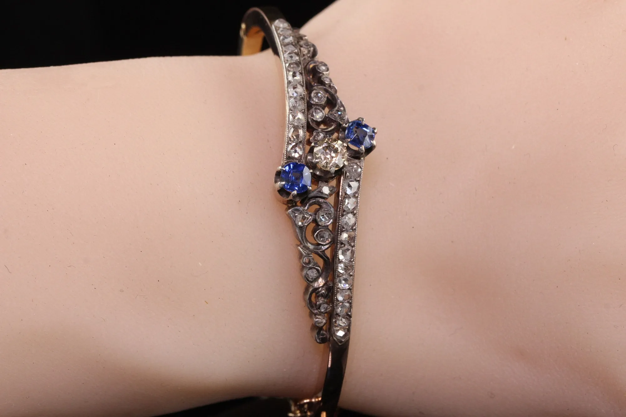 Antique Victorian 14K Yellow Gold Rose Cut Diamond and Sapphire Bangle Bracelet