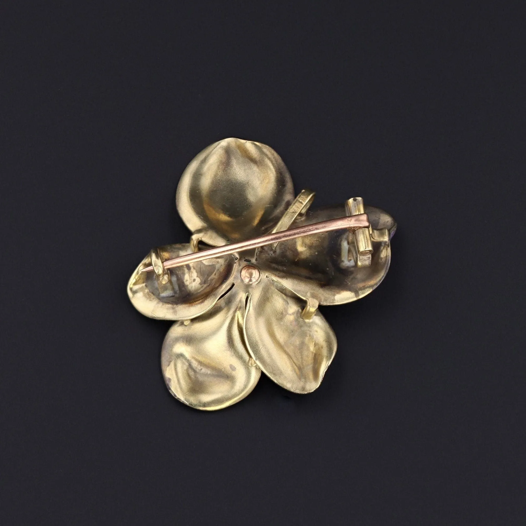 Art Nouveau Enamel Violet Flower Pendant Brooch of 14k Gold
