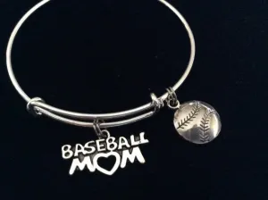Baseball Mom on a Silver Expandable Bangle Bracelet Sports Team Coach Gift Adjustable Wire Charm Bangle