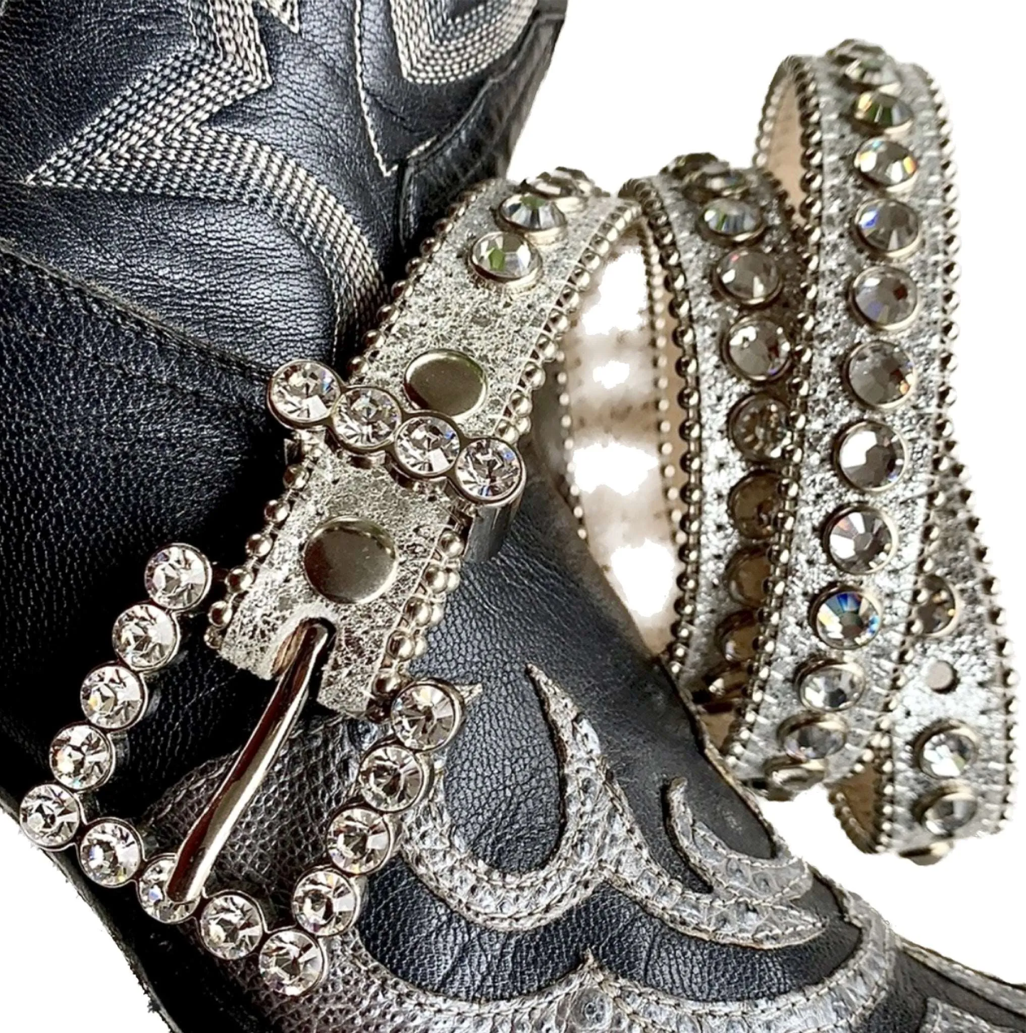 B.B. SIMON Swarovski Crystal Silver Studded Cowgirl Western Belt