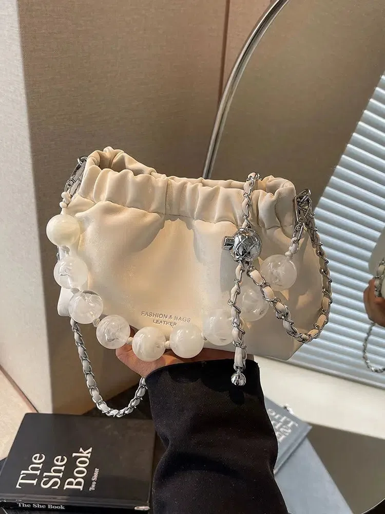 Bead Handle Chain Strap Bucket Bag
