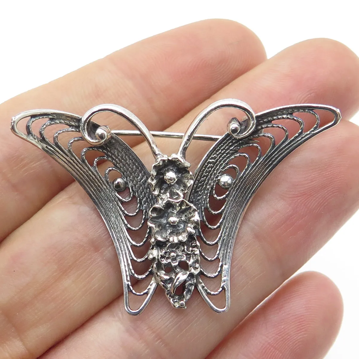 BEAU 925 Sterling Silver Vintage Filigree Floral Butterfly Oxidized Pin Brooch