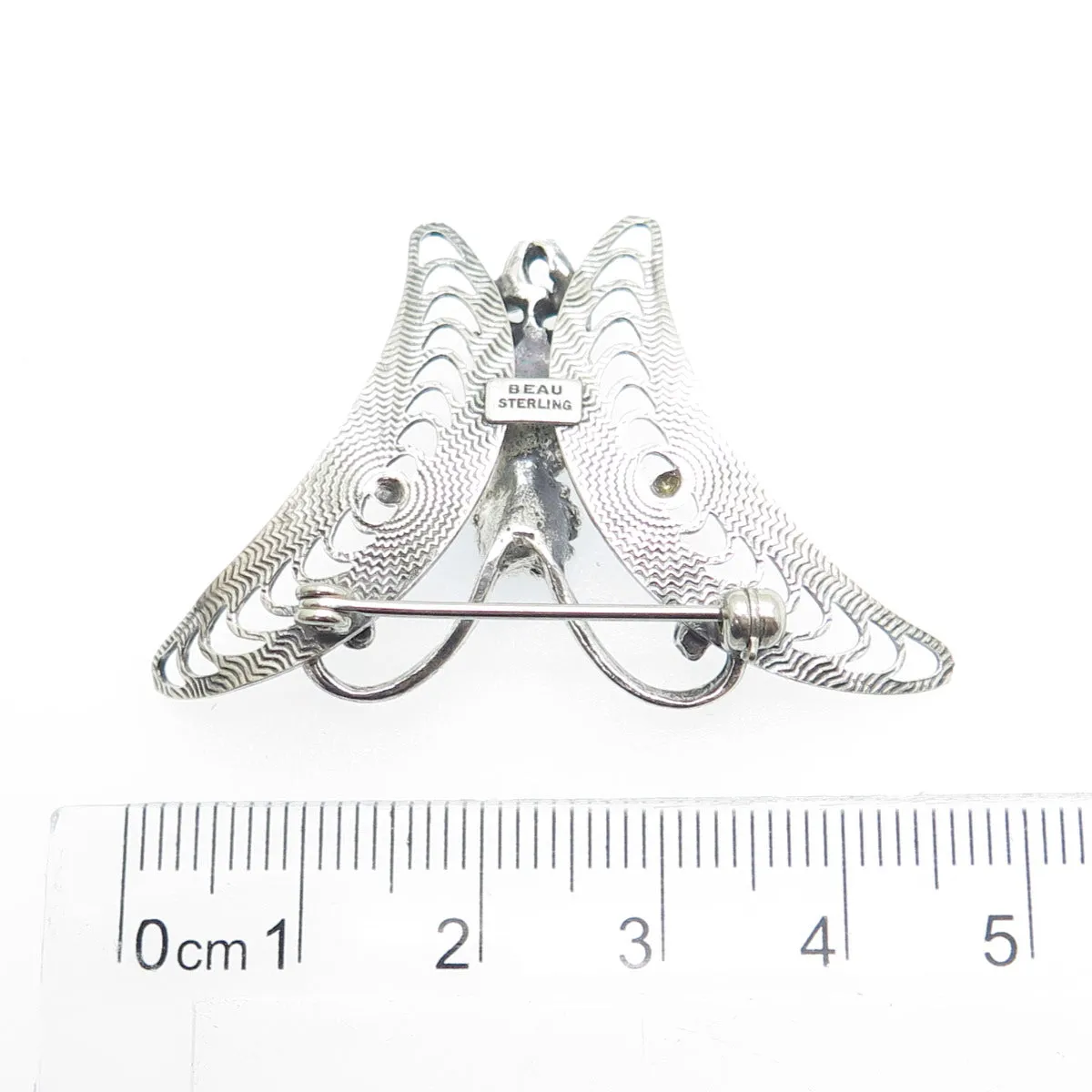 BEAU 925 Sterling Silver Vintage Filigree Floral Butterfly Oxidized Pin Brooch