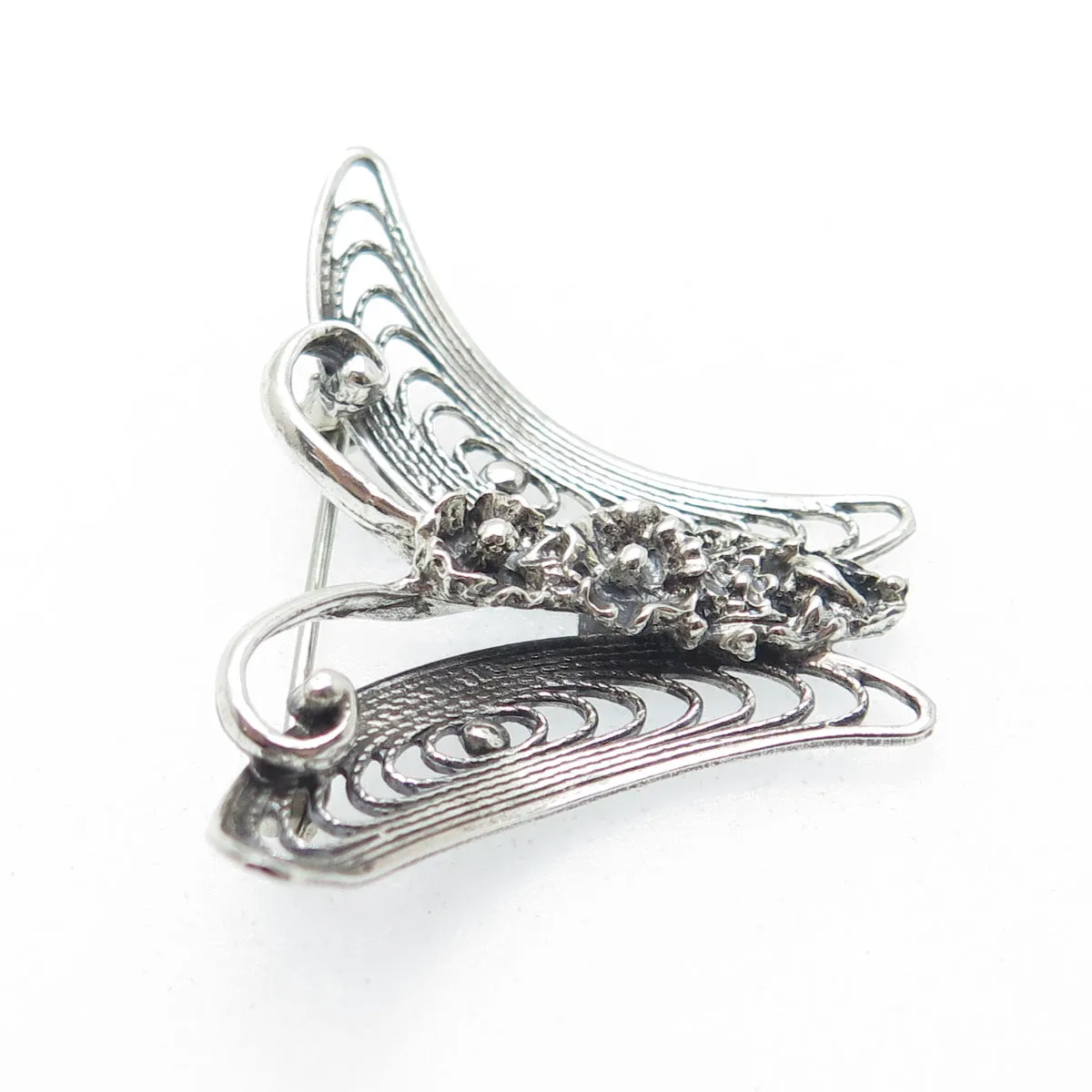 BEAU 925 Sterling Silver Vintage Filigree Floral Butterfly Oxidized Pin Brooch