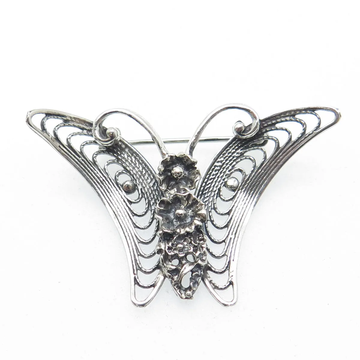 BEAU 925 Sterling Silver Vintage Filigree Floral Butterfly Oxidized Pin Brooch