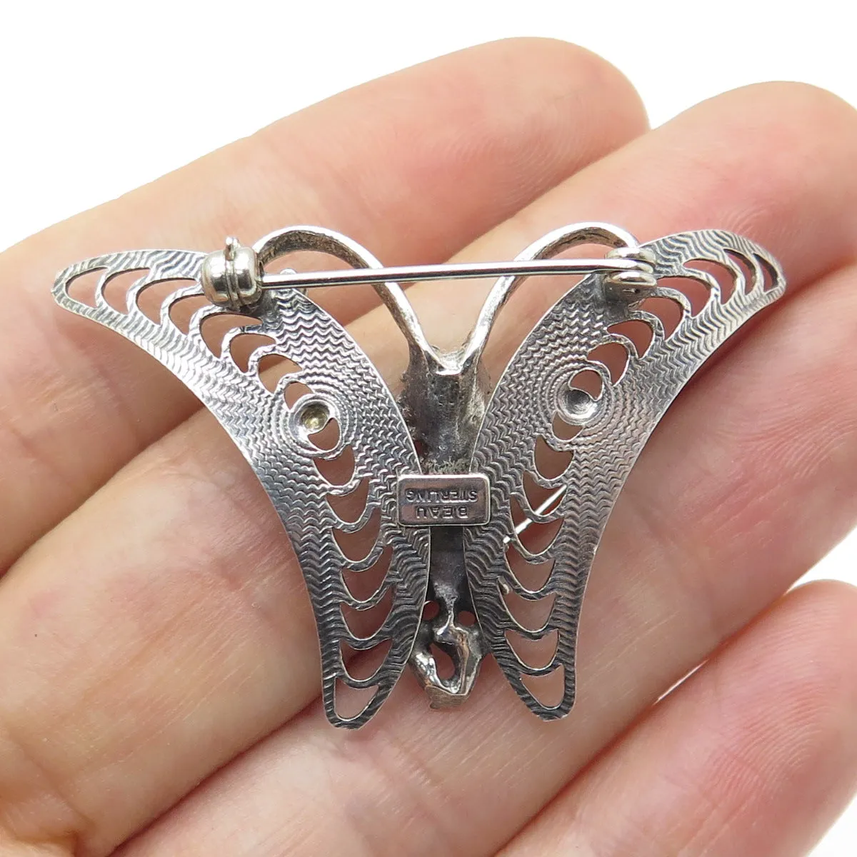 BEAU 925 Sterling Silver Vintage Filigree Floral Butterfly Oxidized Pin Brooch