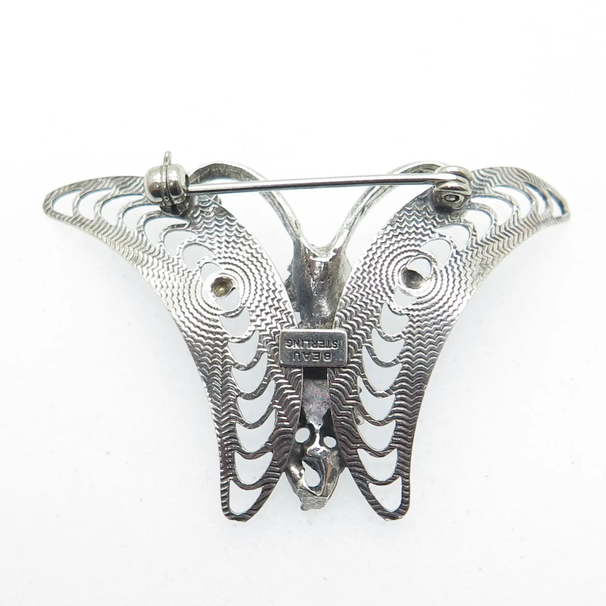 BEAU 925 Sterling Silver Vintage Filigree Floral Butterfly Oxidized Pin Brooch