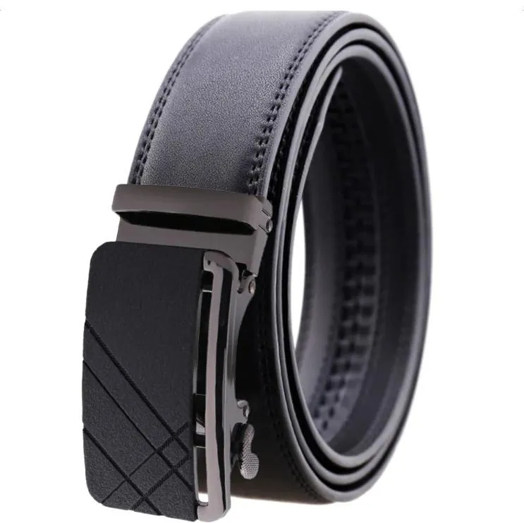 Black Belt Black Buckle Mens Adjustable Ratchet Slide Buckle Belt - Genuine Leather Automatic Belt
