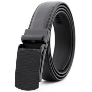 Black Belt Textured Matte Buckle Mens Adjustable Ratchet Slide Buckle Belt - Genuine Leather