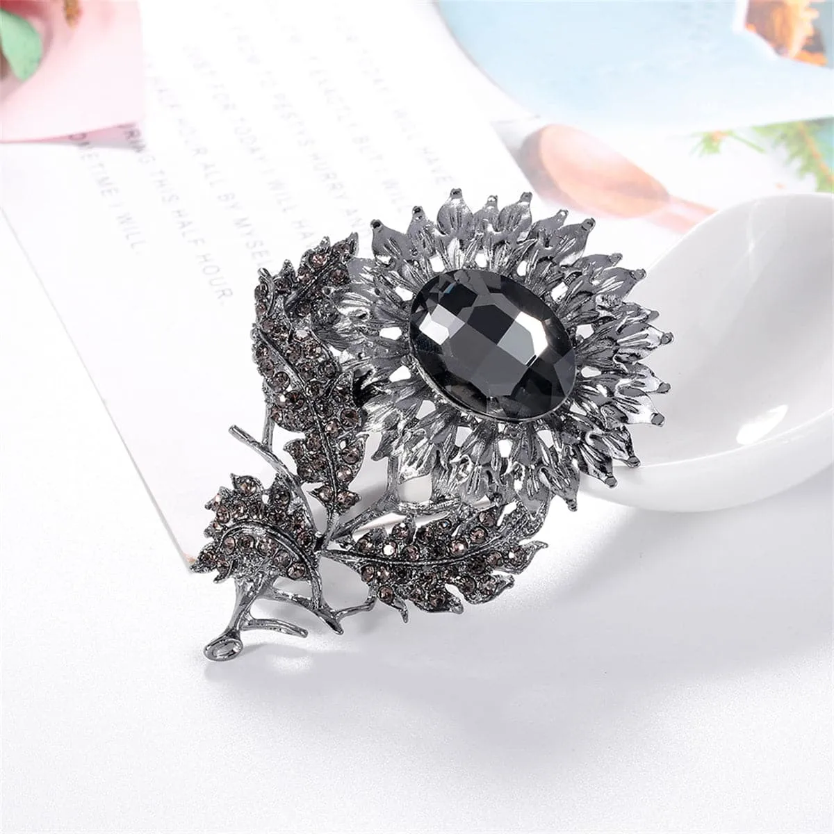 Black Crystal & Cubic Zirconia Sunflower Brooch