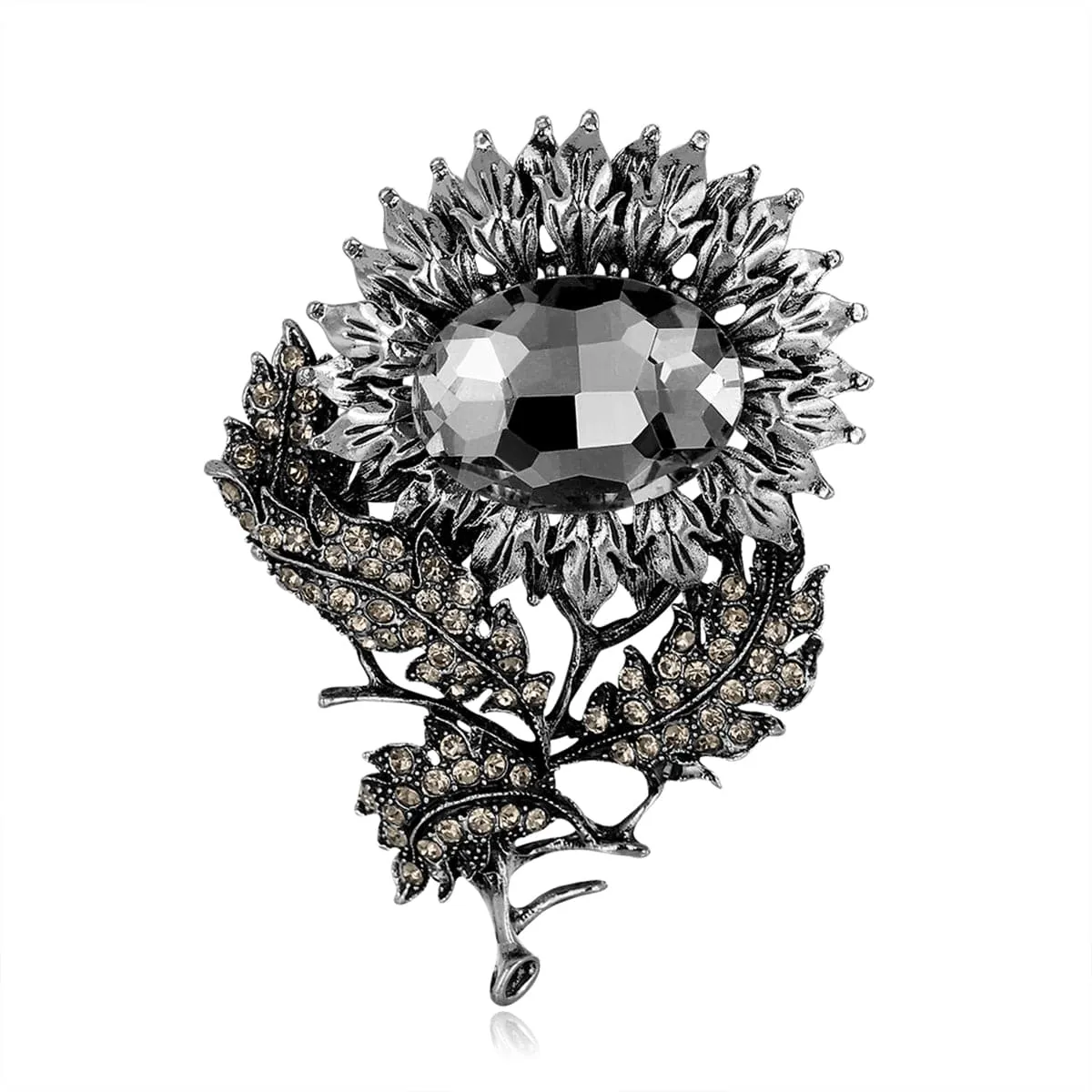 Black Crystal & Cubic Zirconia Sunflower Brooch