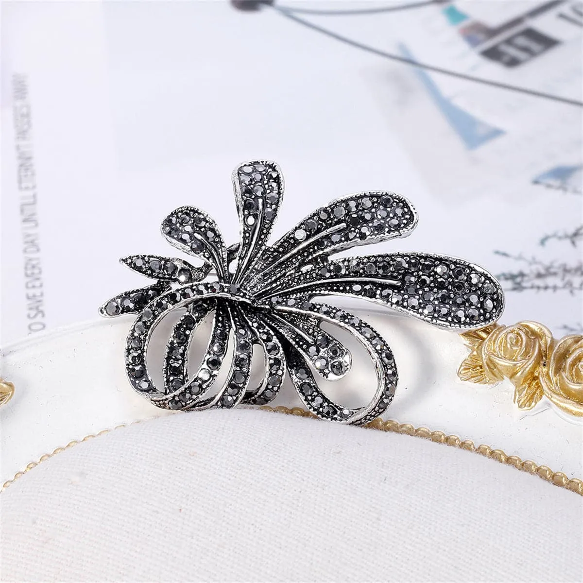 Black Cubic Zirconia & Silver-Plated Flower Brooch