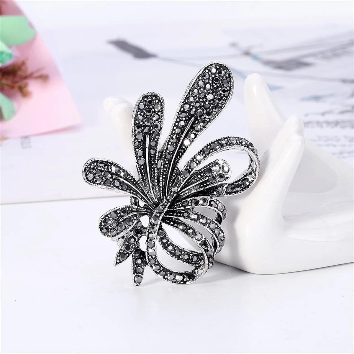 Black Cubic Zirconia & Silver-Plated Flower Brooch