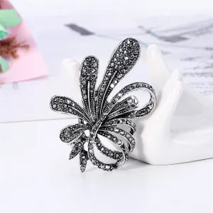 Black Cubic Zirconia & Silver-Plated Flower Brooch
