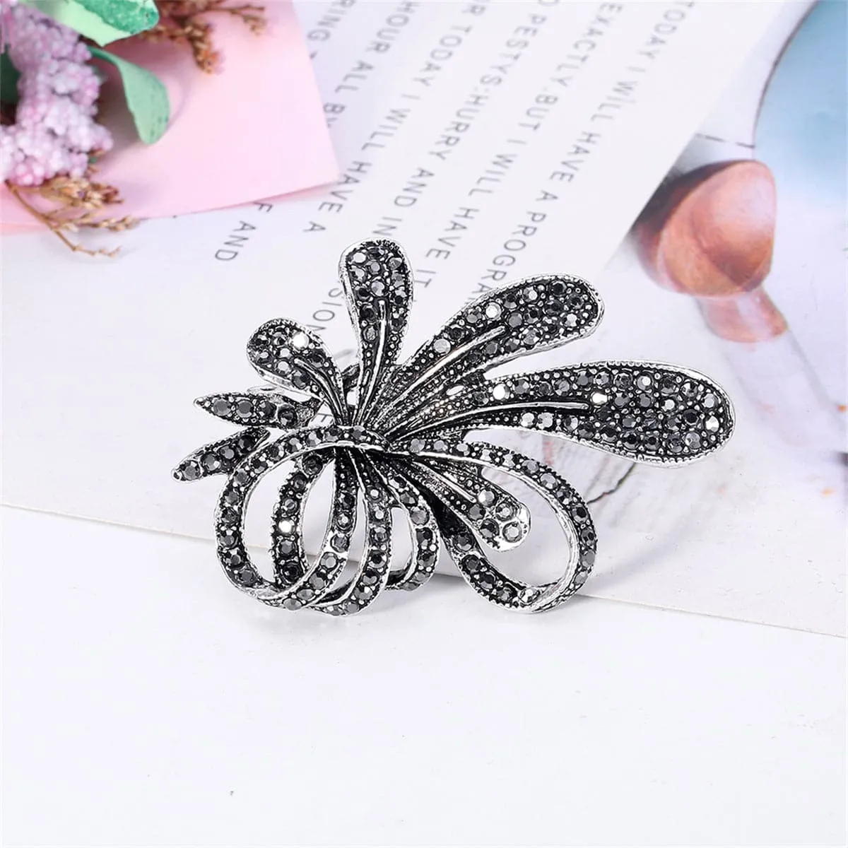 Black Cubic Zirconia & Silver-Plated Flower Brooch