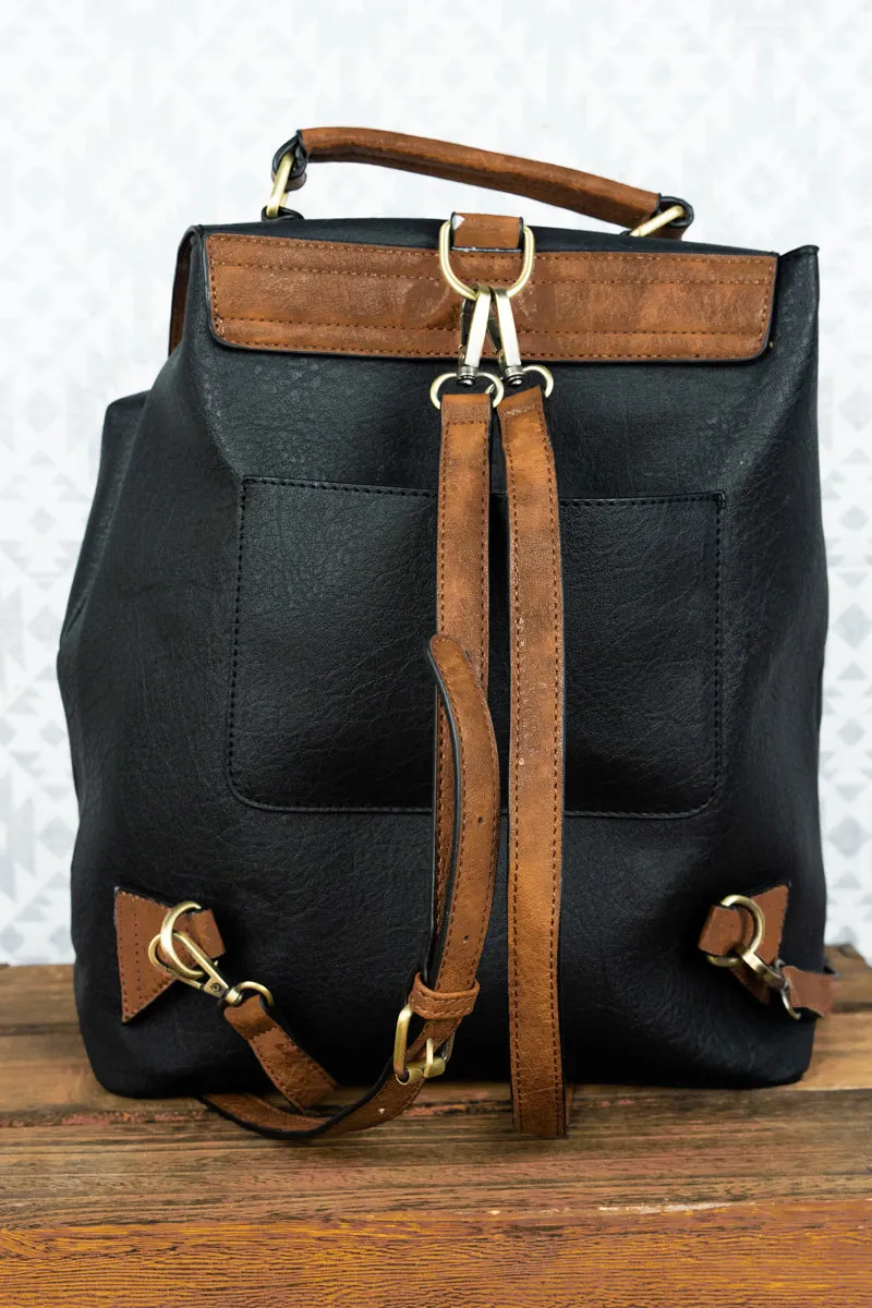 Black Faux Leather Haley Satchel Backpack