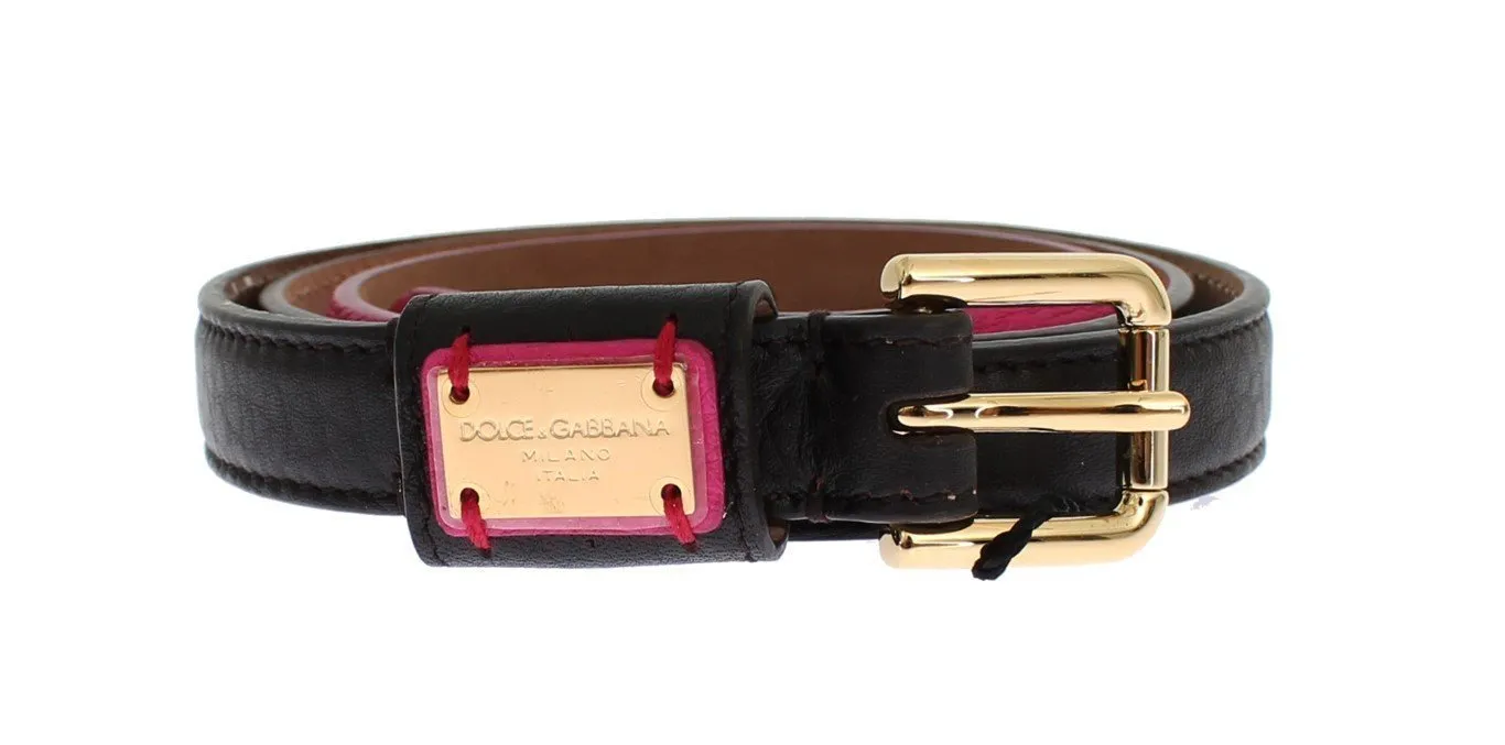 Black Leather Gold Buckle Logo Waist Belt