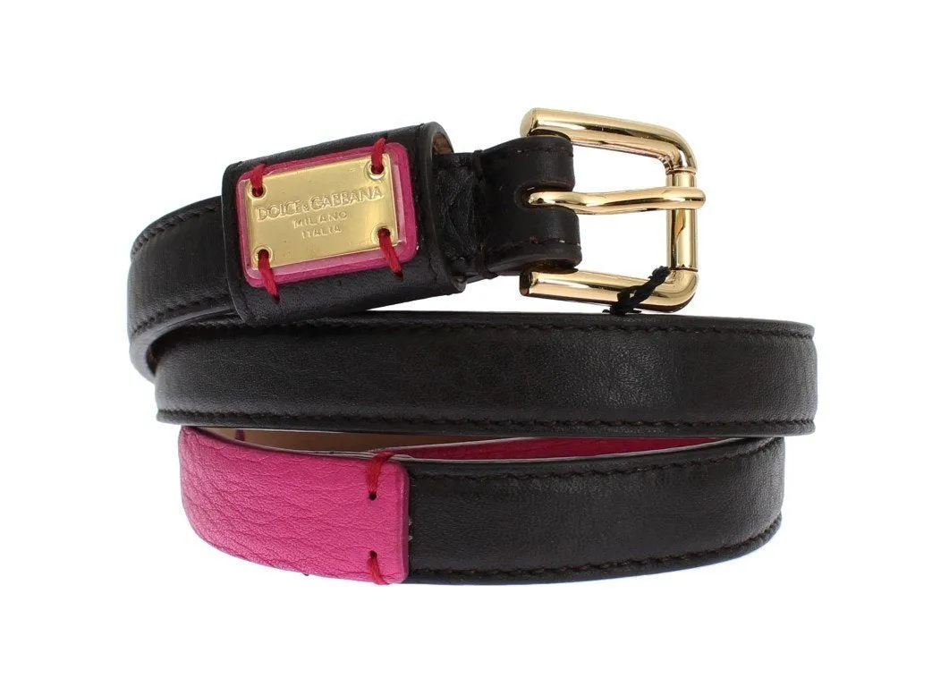 Black Leather Gold Buckle Logo Waist Belt