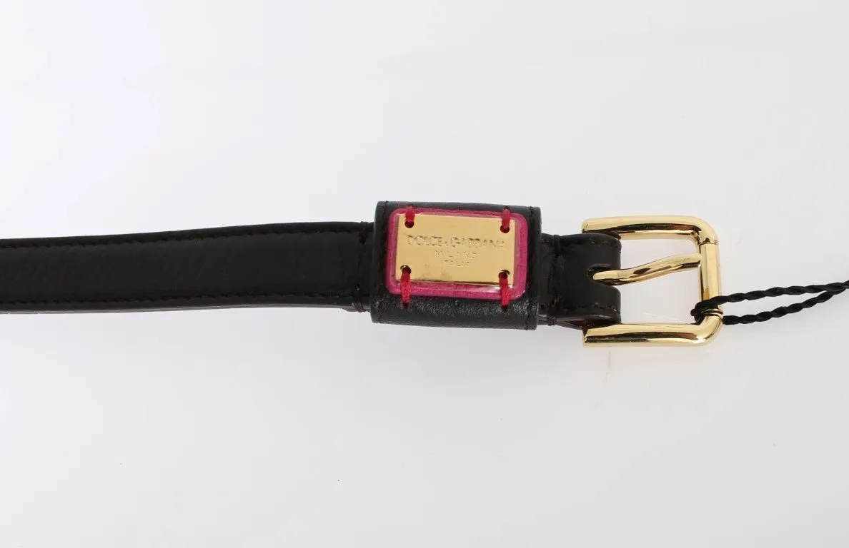Black Leather Gold Buckle Logo Waist Belt