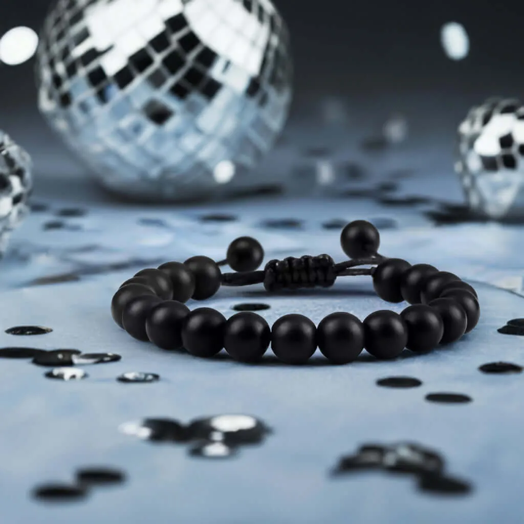 Black Men's Bracelet Adjustable Drawstring & Natural Onyx