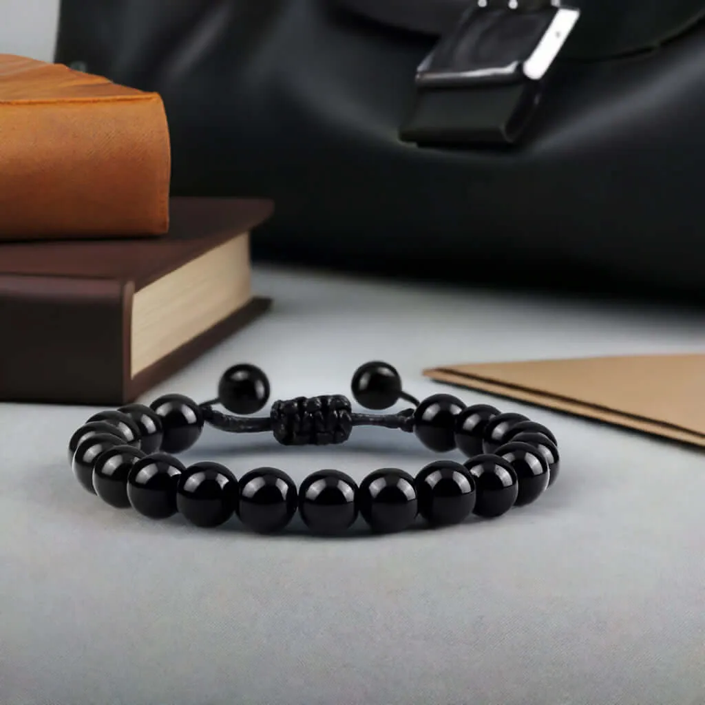 Black Men's Bracelet Adjustable Drawstring & Natural Onyx