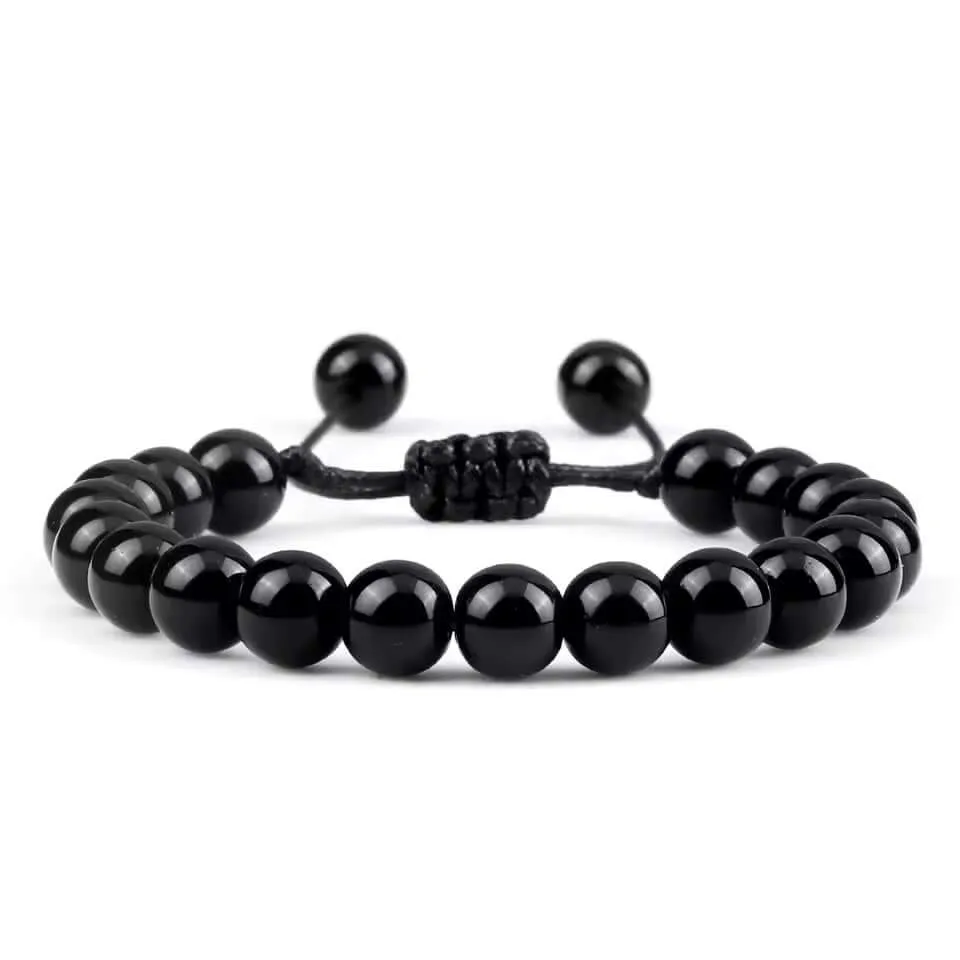 Black Men's Bracelet Adjustable Drawstring & Natural Onyx