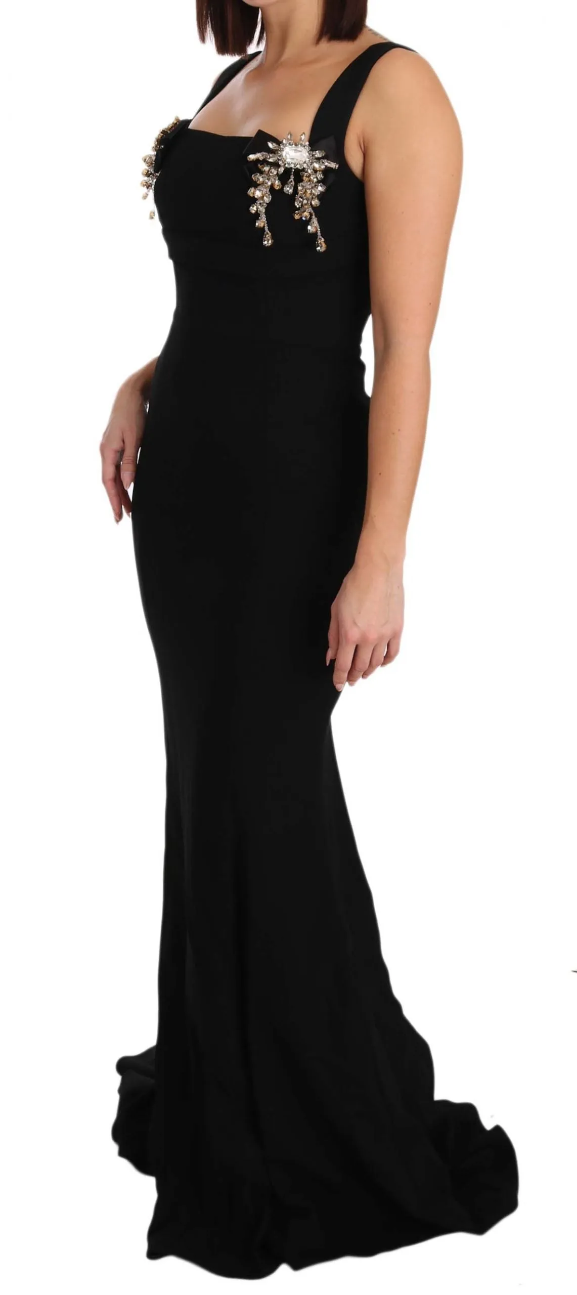 Black Stretch Crystal Fit Flare Gown Dress