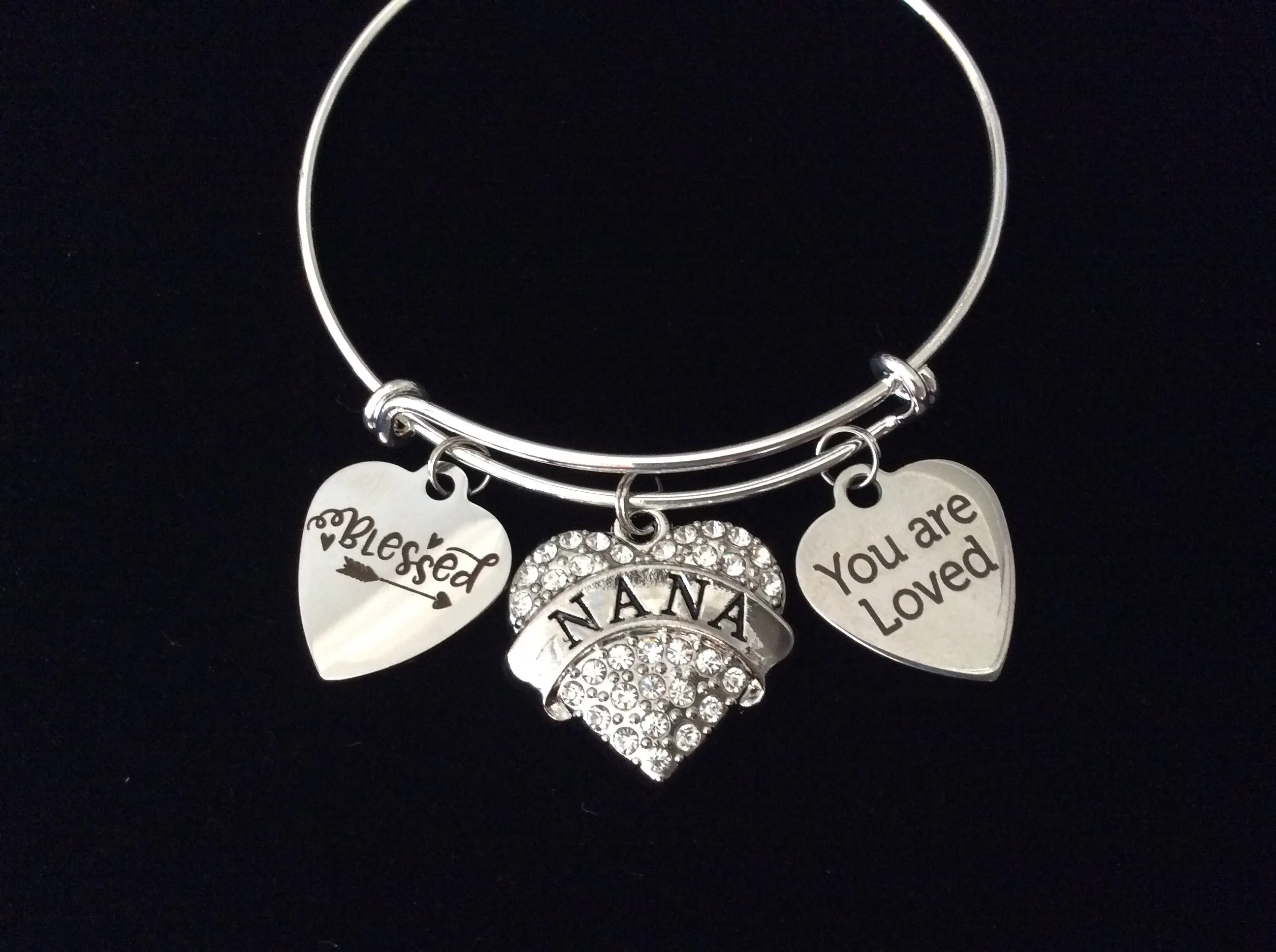 Blessed Nana Jewelry You Are Loved Expandable Charm Bracelet Silver Adjustable Bangle One Size Fits All Gift Bling Crystal Heart