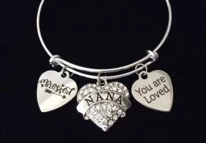 Blessed Nana Jewelry You Are Loved Expandable Charm Bracelet Silver Adjustable Bangle One Size Fits All Gift Bling Crystal Heart