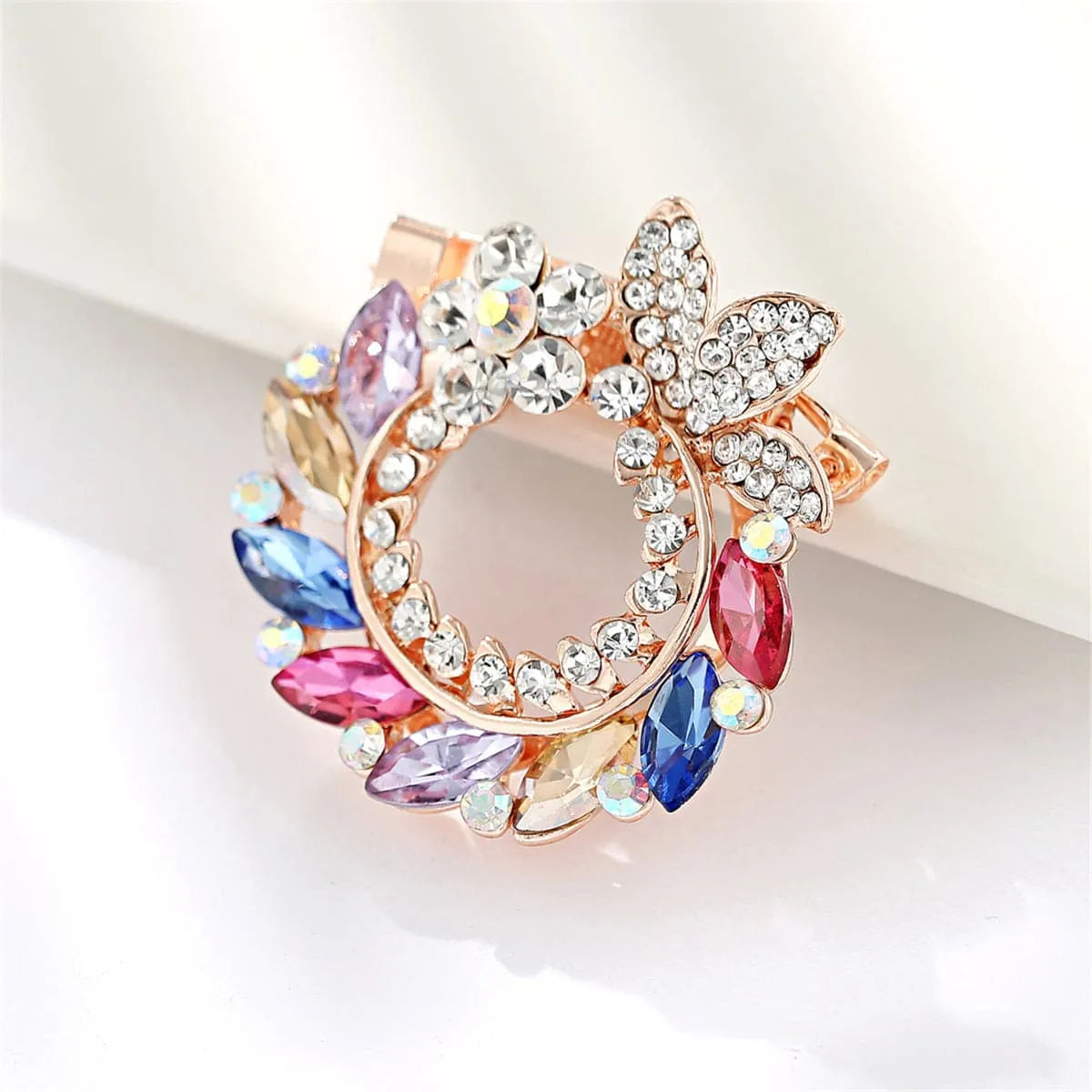Blue & Pink Crystal & Cubic Zirconia Floral Wreath Brooch